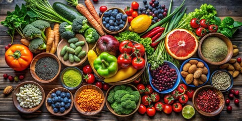 Wholesome selection of fruits, vegetables, and superfoods displayed on a dark wood background, promoting a healthy clean eating lifestyle for vibrant well-being.