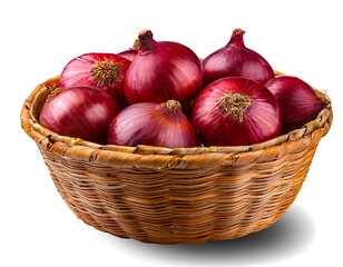 Straw basket of red onions isolated on transparent background PNG file