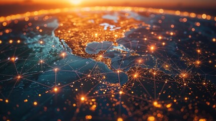 A global network map with illuminated connections at sunset. The scene is dynamic and expansive, symbolizing global communication and connectivity.
