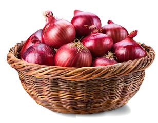 Straw basket of red onions isolated on transparent background PNG file