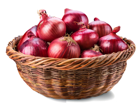 Straw basket of red onions isolated on transparent background PNG file