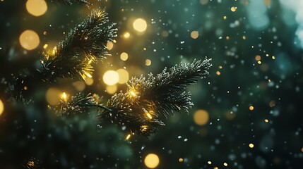 A green pine tree wrapped in golden lights, surrounded by softly falling snowflakes that sparkle in the cold winter air.