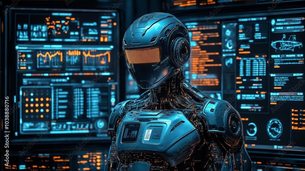 Aufkleber Futuristic robot standing in a high-tech control center, surrounded by data screens, symbolizing advanced artificial intelligence and cybernetic systems, Generative Ai