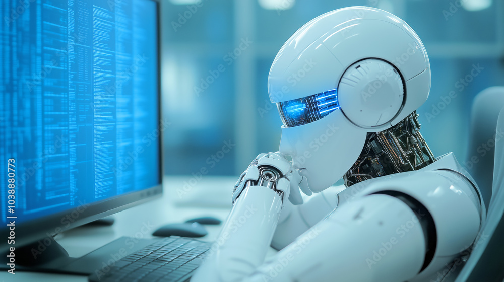 Poster a humanoid robot working intently at a computer in a modern office setting during the day