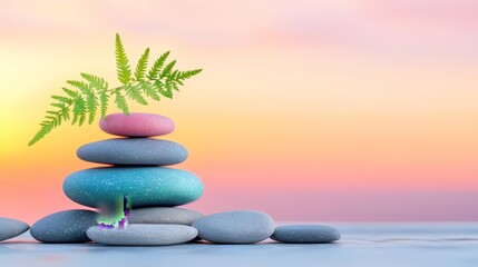 Obraz premium A serene stack of colorful stones adorned with a green fern against a soft pastel sunset, symbolizing balance and tranquility.