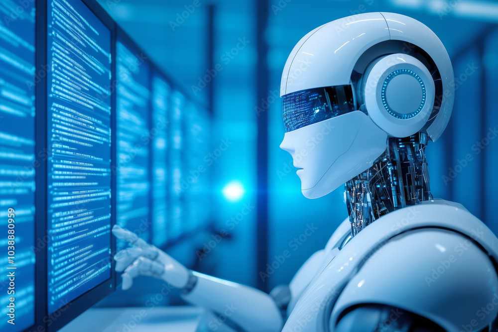 Poster futuristic robot interacts with digital interface in a high-tech workspace