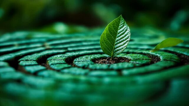 Emerging Green Leaf in Vivid Spiral Pathway Symbolizing Sustainable Eco-Friendly Business Strategy for Global Net Zero Carbon Emission Reduction