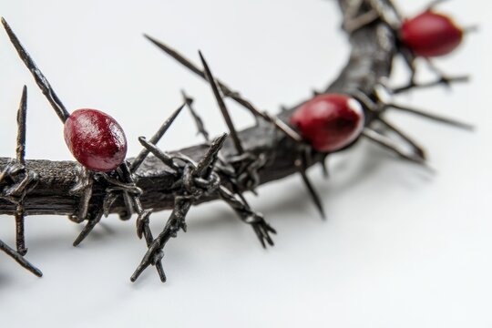 Jesus crucifixion with crown of thorns nails and cross on a white backdrop Themes of faith and spirituality for Easter