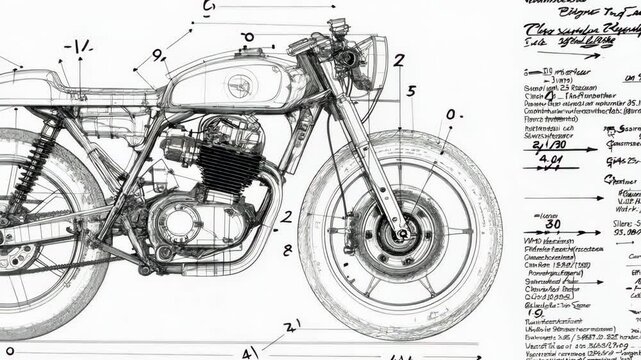 A detailed technical sketch of a motorcycle with annotations, showcasing engineering design, mechanics, and technical specifications in a black and white schematic style

