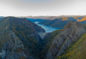 Naklejka premium Vidraru dam and lake in Arges county - Romania seen from above