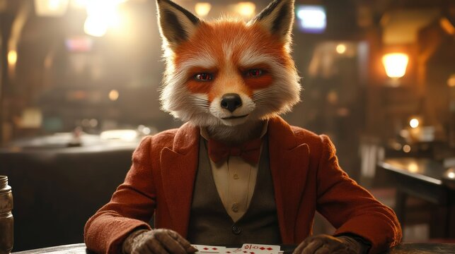 fox, poker, cards, casino, gambling, animal, anthropomorphic, fantasy, illustration, character, game, bet, competition, whimsical, art, wildlife, poker game, storytelling, casino settin, Generative Ai - Powered by Adobe