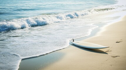 Quiet beach with a neatly set up surfboard and gentle waves, surfboard positioned at the edge of the water, Beachside adventure style