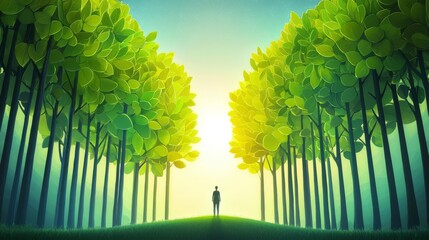 Obraz premium A serene landscape featuring a person standing amidst lush green trees, enveloped in a tranquil atmosphere and dappled sunlight.
