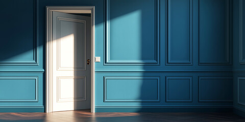 Sunlit elegance: open door in a blue paneled room with dramatic shadows