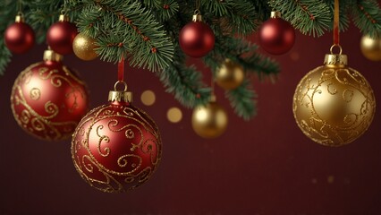 Beautiful Christmas ornaments hanging from a decorated tree with a festive background