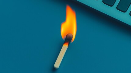 A striking matchstick ignited, emitting a vibrant flame on a blue surface, symbolizing light and warmth.