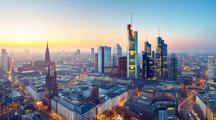 Naklejka premium Sunrise over modern City skyline with iconic skyscrapers and historic architecture