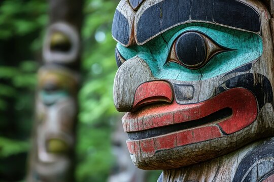 Ketchikan AK May 24 2016 Indigenous totem poles and clan structures at Totem Bight Historic Site