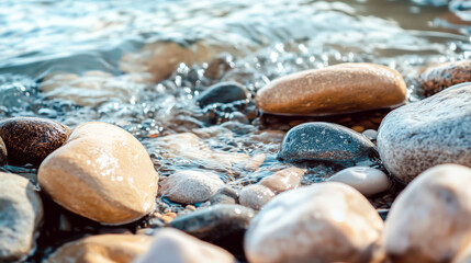 Tranquil shoreline with smooth stones and gentle waves by the seaside