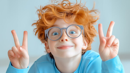 Energetic child with curly red hair and glasses shows peace signs indoors during daytime playtime