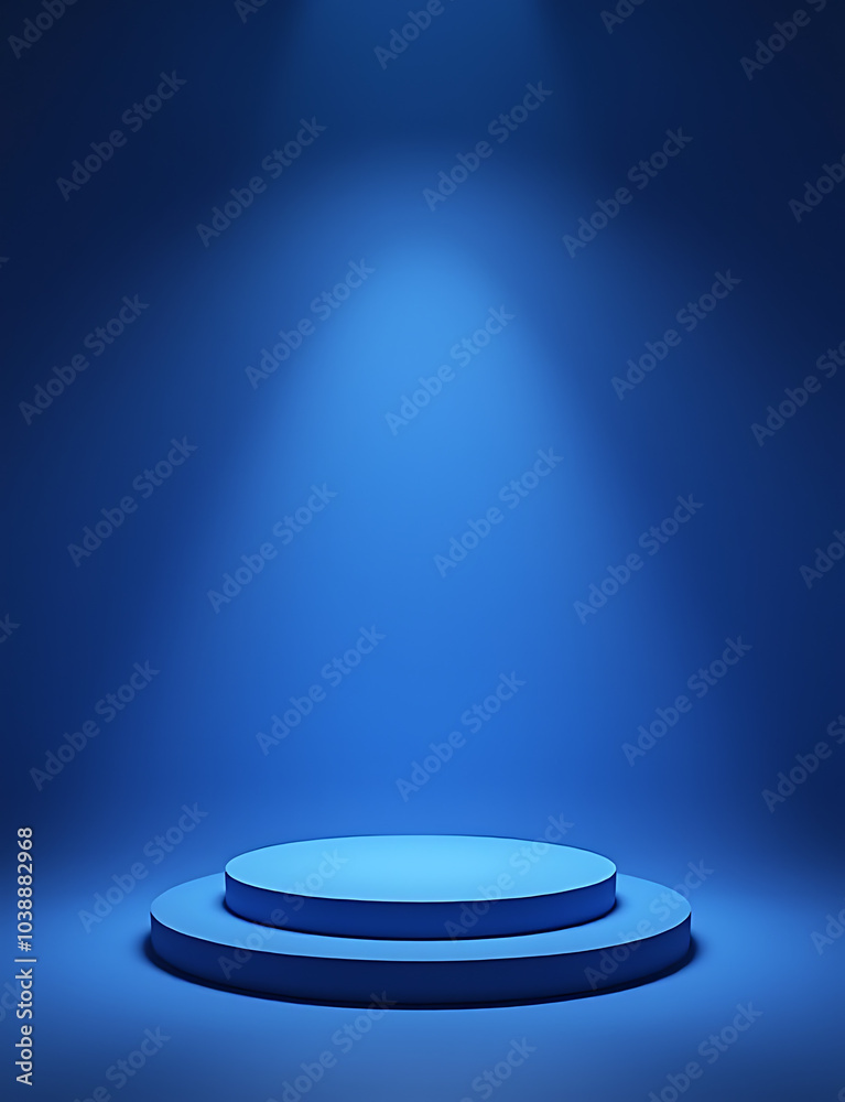 Aufkleber Rendered empty stage is used for product display with a blue podium background and advertisement purposes.