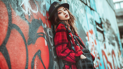 Urban fashion: stylish young woman in plaid shirt and hat against graffiti wall