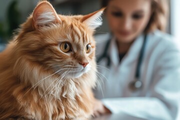A veterinarian examines a healthy orange tabby cat in a well-lit clinic during the day