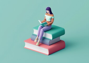 reading, books, education, study, girl, literature, pastel colors, creative, relaxation, learning, student, knowledge, hobby, artistic representation, digital art A young woman sits on colorful stac