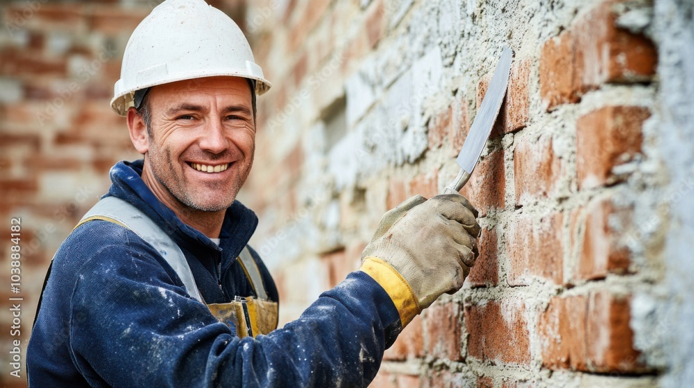 Poster a bricklayer in a hard hat, smiling and holding a trowel, with a partially built wall behind