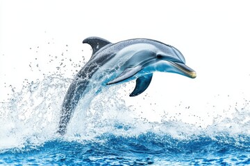 Fototapeta premium Leaping dolphin on a white backdrop with water splashes