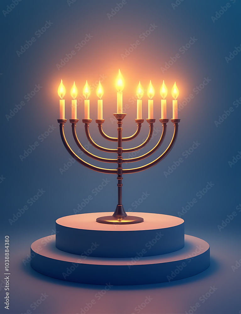 Poster simple vector illustration of glowing hanukkah menorah on flat podium for festive design and copy sp