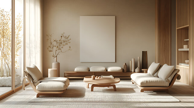 Minimalist living room with a light wood aesthetic, featuring a large blank canvas, a low coffee table, and comfortable seating.