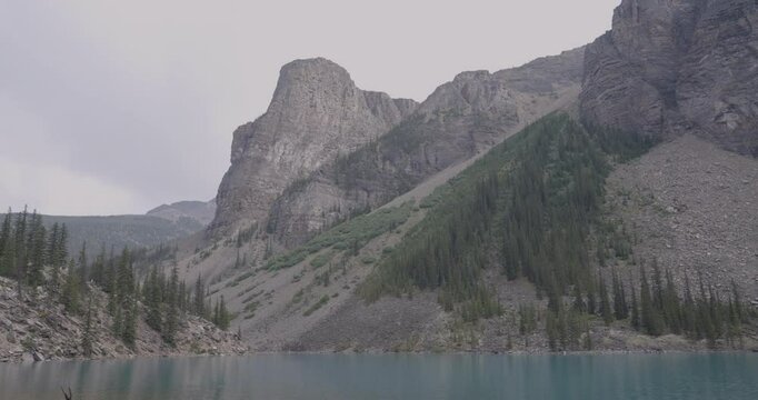 Canadian lake with mountain range landscape sounded on the background