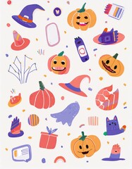 Haloween animals set kawaii doodles