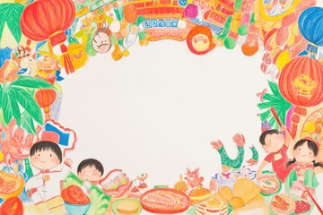 Obraz premium Vibrant Children's Pencil Drawing of Festive Celebration with Food and Lanterns