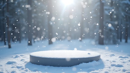 Snowflakes fall gently around a circular podium in the quiet winter landscape.