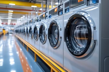 Lines of industrial washers in the spacious laundromat