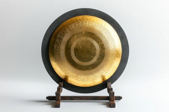 Lonely brass gong on white backdrop