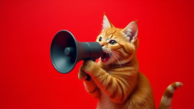 Ginger cat screaming into loudspeaker on red background