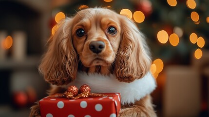 Adorable Cocker Spaniel dog wearing a Santa hat, holding a festive red gift box with white polka dots. 