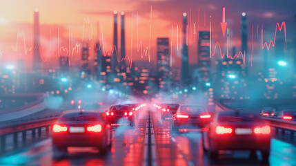 Fototapeta premium Traffic congestion in a city at dusk highlights the impact of pollution from vehicles on urban air quality