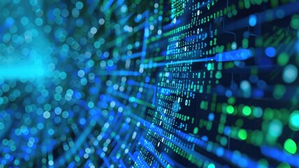 Futuristic digital network background with blue and green connected nodes and lines