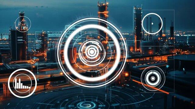 A nighttime view of a sprawling industrial complex with futuristic data displays overlayed on the scene - Powered by Adobe