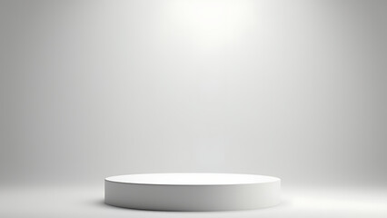 Sophisticated white stage podium creates an ideal environment for effective advertising displays on a neutral grey background.