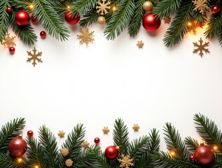 Christmas border with conifer branches and garlands of Christmas lights isolated on white background