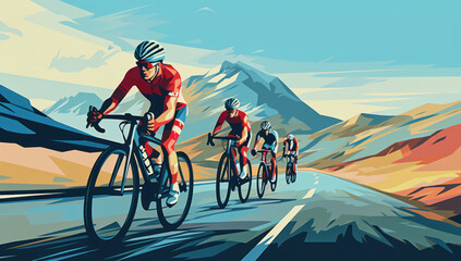 Mountain cyclists navigating a winding road through a picturesque landscape during a bright sunny day