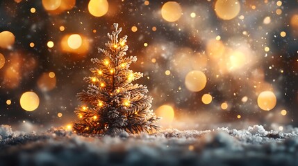 Naklejka premium A peaceful winter evening with a glowing pine tree, golden bokeh lights shimmering amidst the softly falling snowflakes.