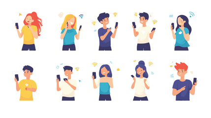 Young People use Smartphones, Chatting, making Selfie and listening Music. Happy Boys and Girls talking and typing on Phone, Vector Illustration.