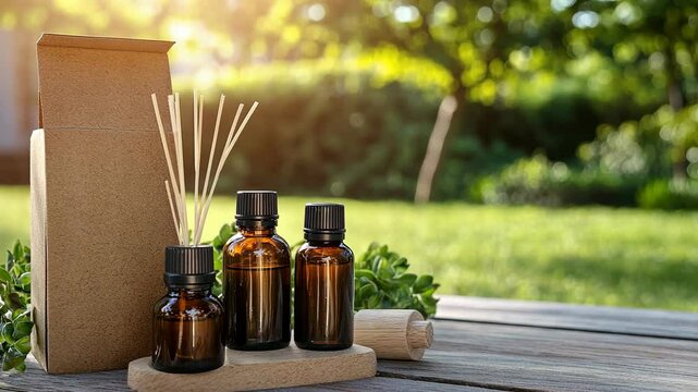 Three essential oil bottles sit on a wooden table in a garden setting