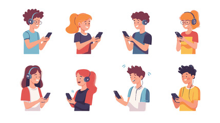 Young People use Smartphones, Chatting, making Selfie and listening Music. Happy Boys and Girls talking and typing on Phone, Vector Illustration.
